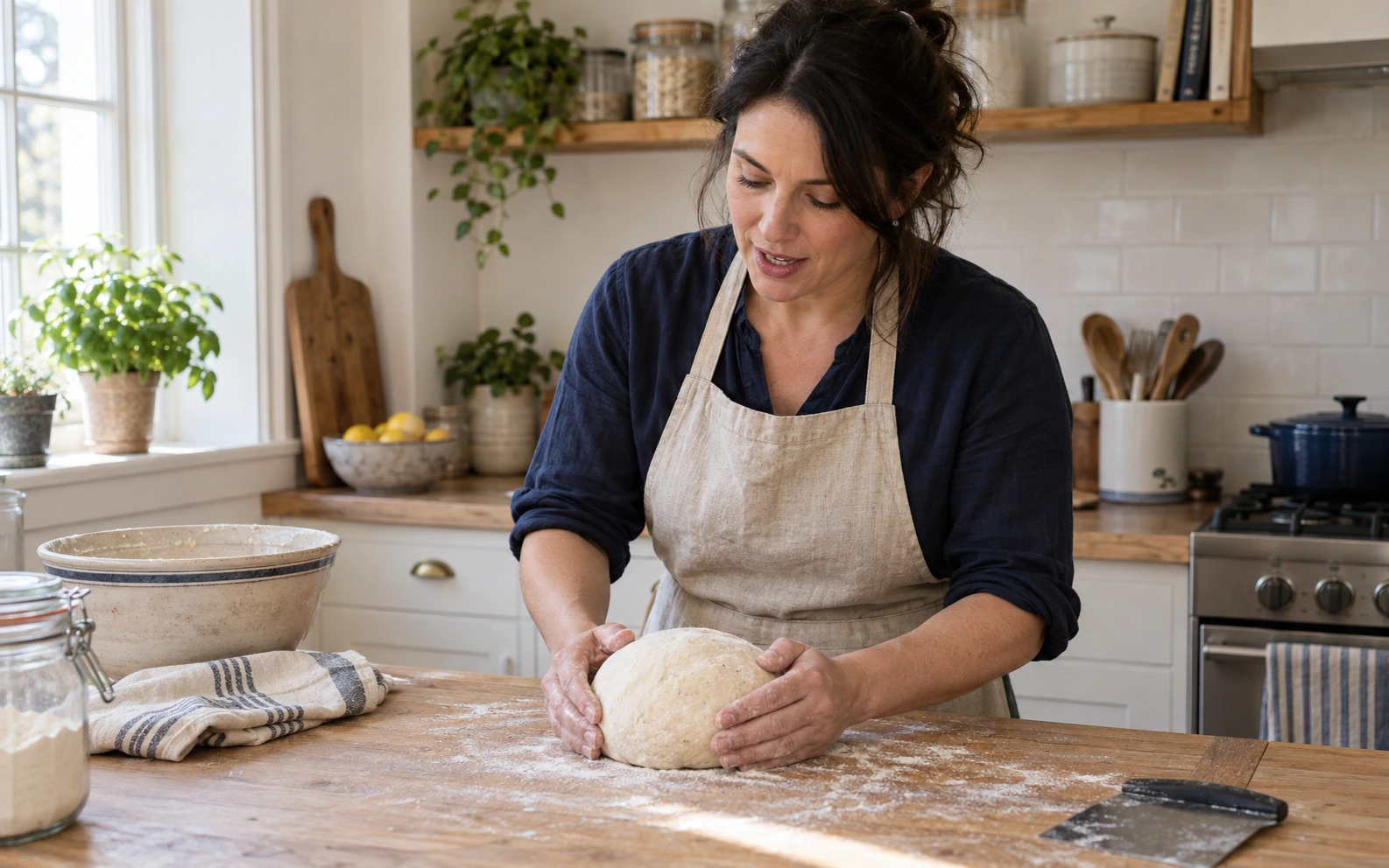 An expert demonstrating baking in a kitchen.