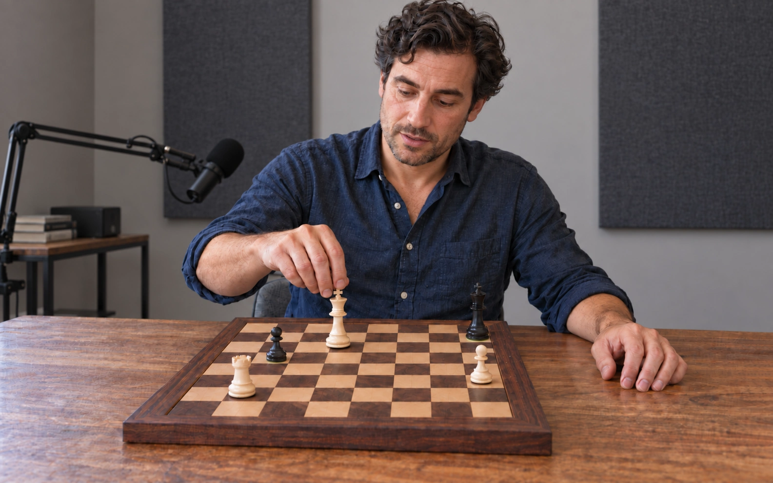 Chess demonstration in a recording studio with a hand on the white king.