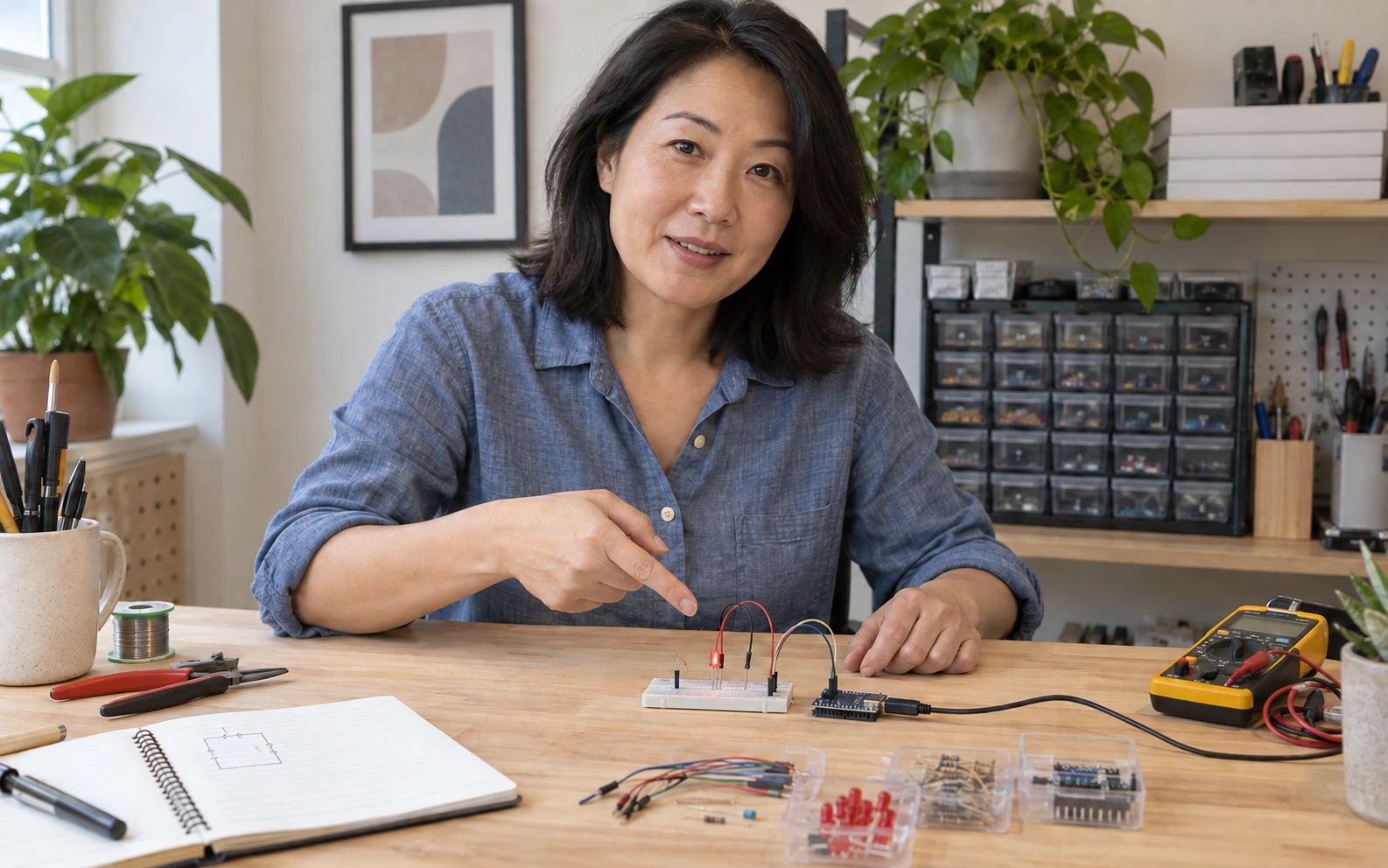 An electronics demonstration at a workbench.