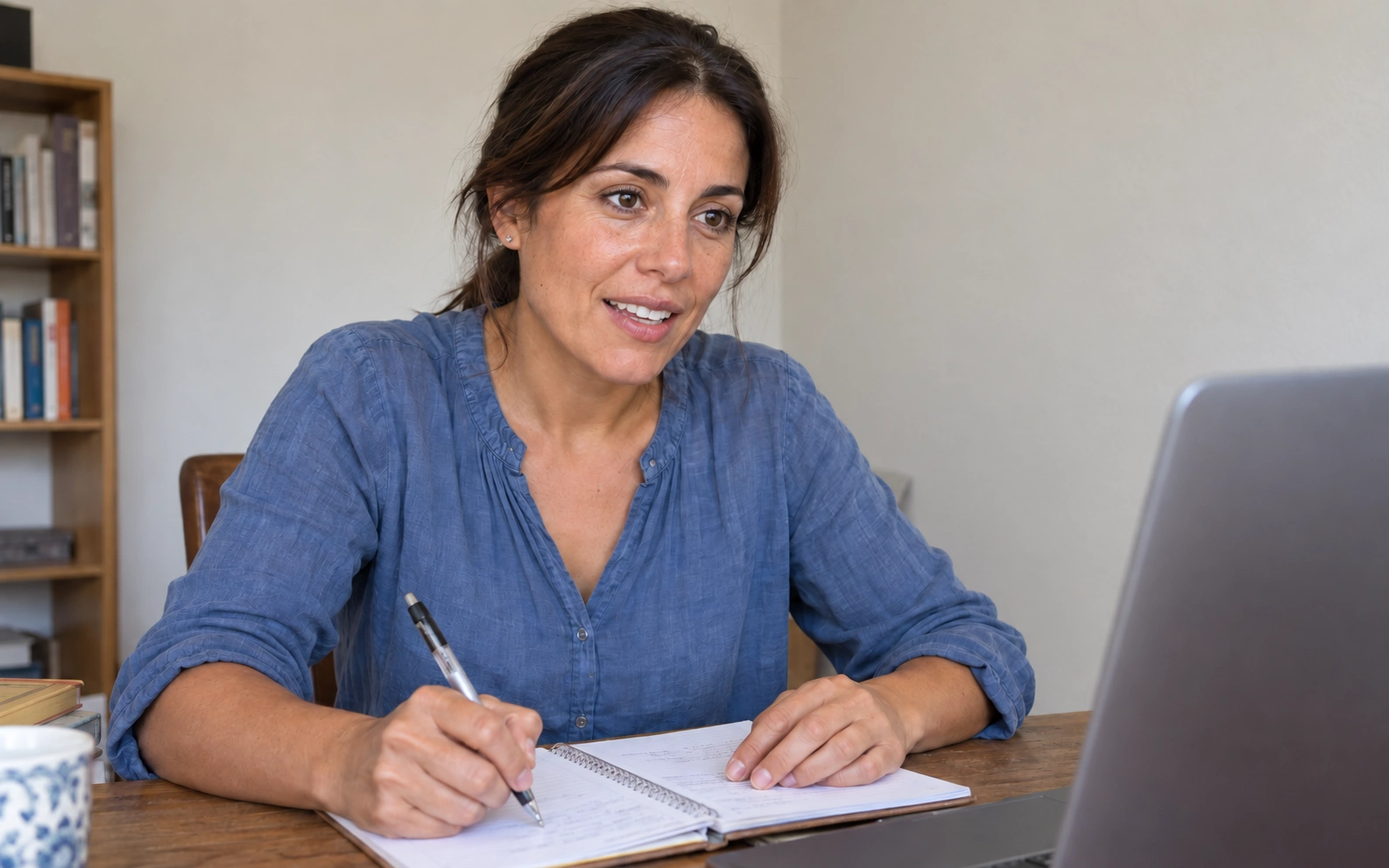 A language practice demonstration with an open notebook in a home office.
