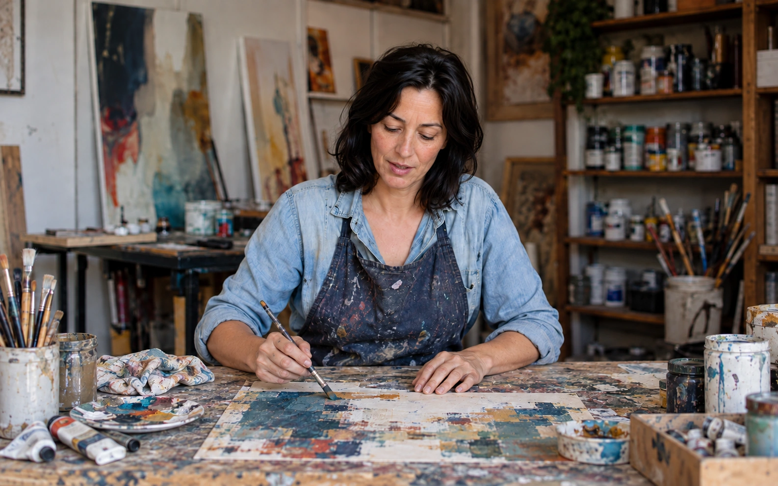 An artist looking down at her painting while working in her studio.