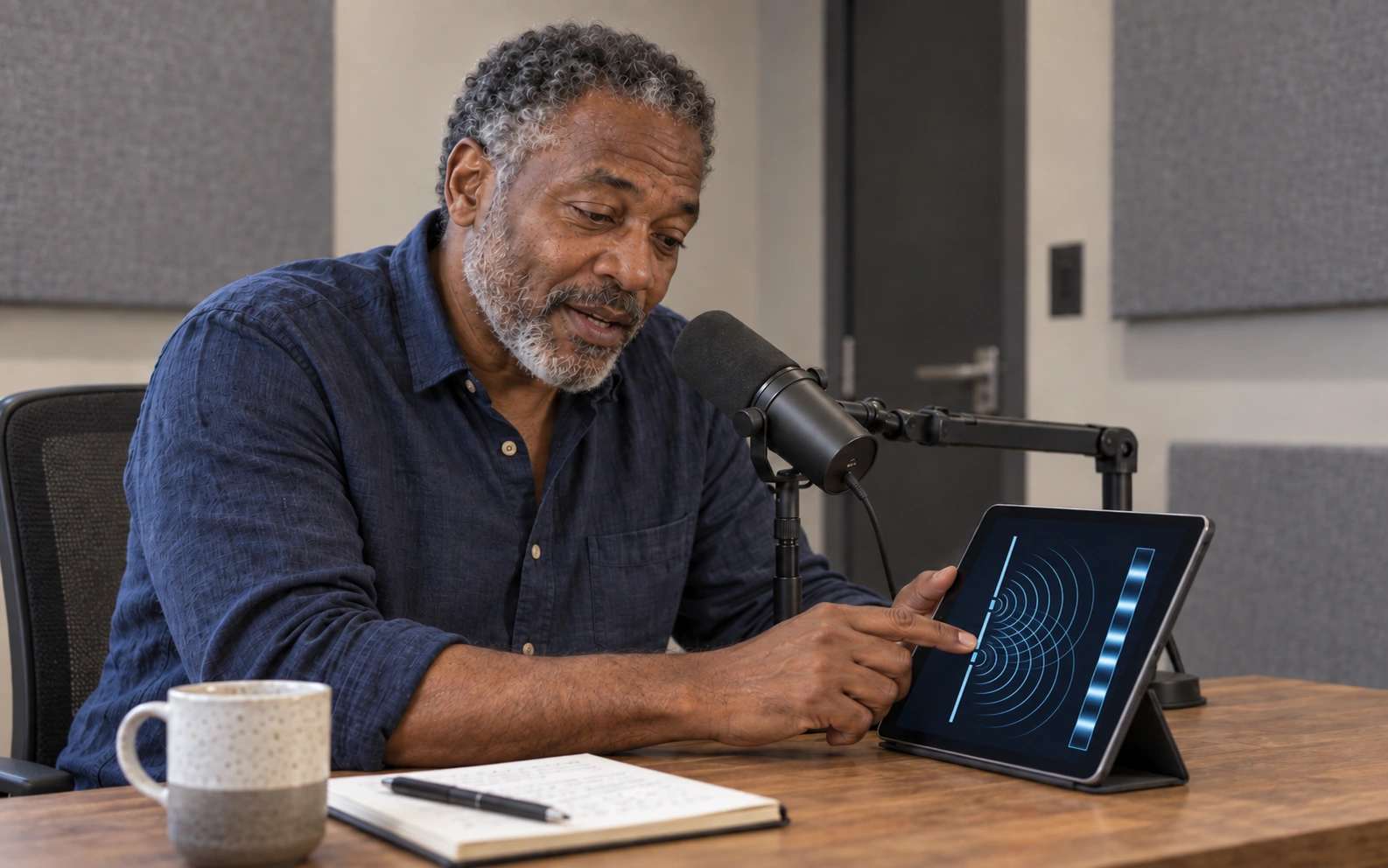An expert discussing a quantum physics diagram on a tablet in a recording studio.