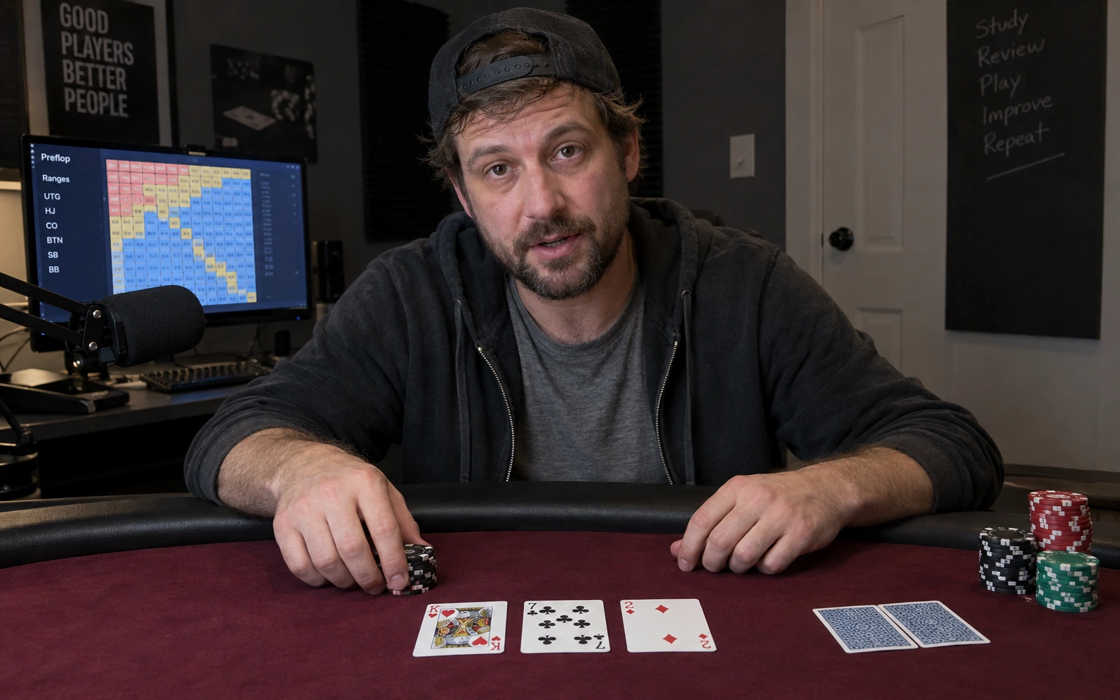 A male poker coach demonstrating with cards and chips.